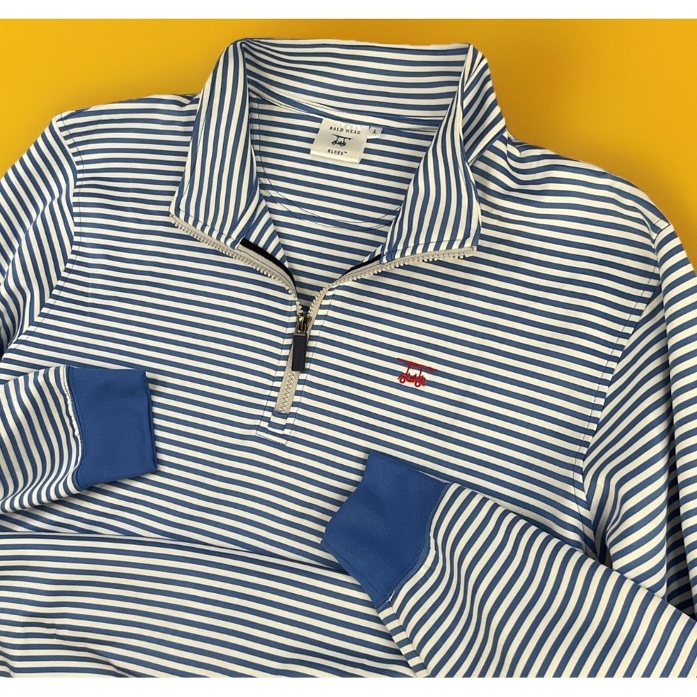 Bald Head Blues Pullover Men Sz L 1/4 Zip Performance Golf Striped Logo Blue